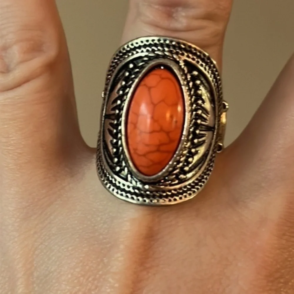 OUT On The Range orange Crackle Ring Silver Stretch Band